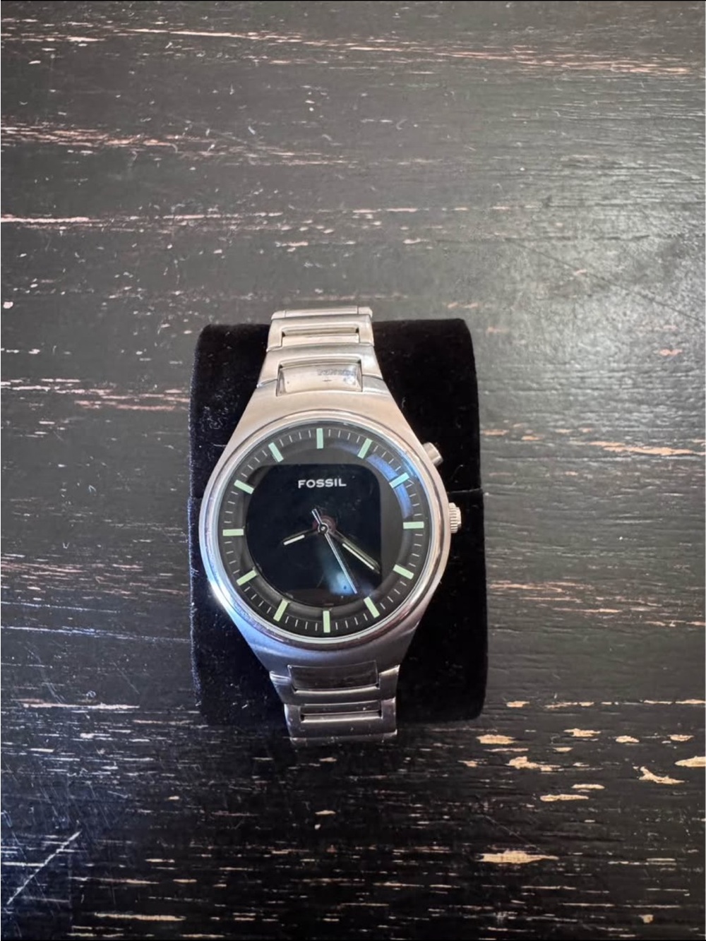 Fossil Silver Stainless Steel Watch with Black Dial and Green Accents